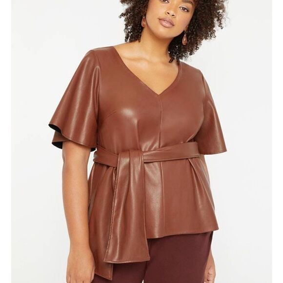 Eloquii Faux Leather Tie Waist Flutter Sleeve Top 20 - Picture 1 of 5
